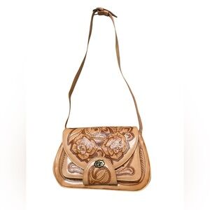 Corvi Tan Floral Tooled Leather Crossbody Bag